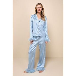 Lulus Light Blue Satin Feather Two-piece Pajama Set - Size XL